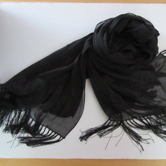Sheer black shawl scarf with floral & paisley black on black patterns 78" x 21" - Picture 10 of 14